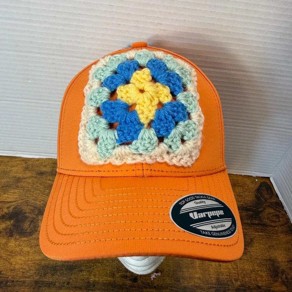 Custom Handmade Crochet Granny Square Trucker Hat Snapback Cap Women Orange Boho